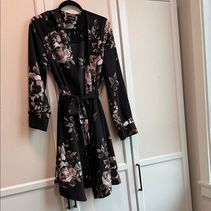 le Chateau Black Floral Wrap Coat with Pink and Cream Blooms